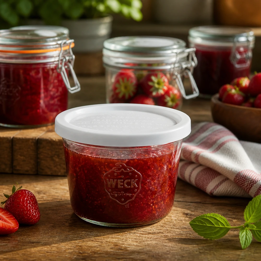 Vaso di vetro da 370 ml con coperchio salva-freschezza WECK RR100 Vaso WECK 370ml RR100 pieno di marmellata di fragole in una cucina rustica accanto a fragole fresche e barattoli di conserva