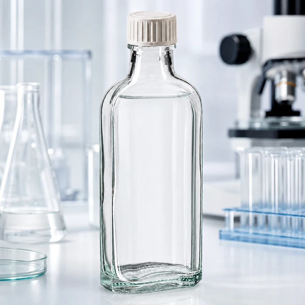 Tappo a vite trasparente Meplat da 100 ml con inserto in schiuma PE Fiaschetta da laboratorio piatta da 100 ml in vetro trasparente con tappo a vite in plastica bianca