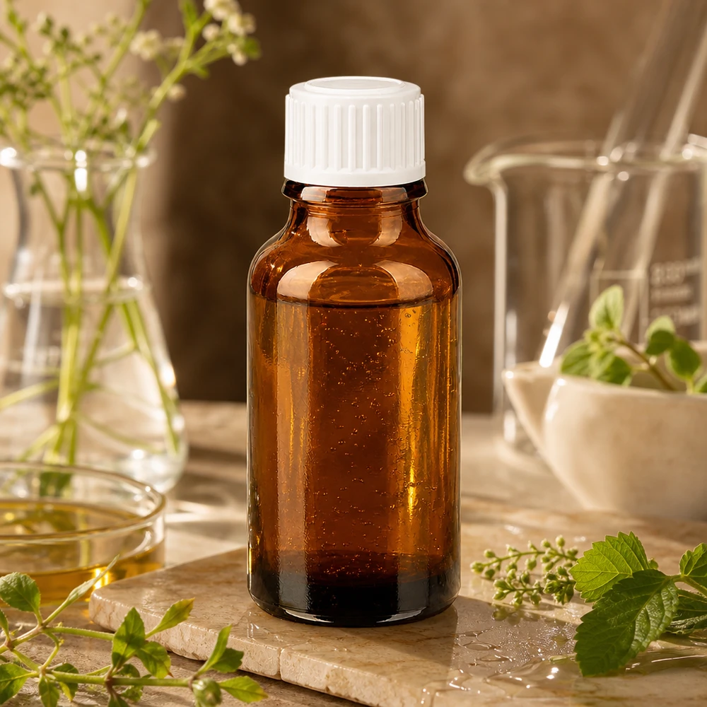 Flacone da farmacia marrone da 20 ml con tappo a vite bianco, tra erbe fresche e piante medicinali