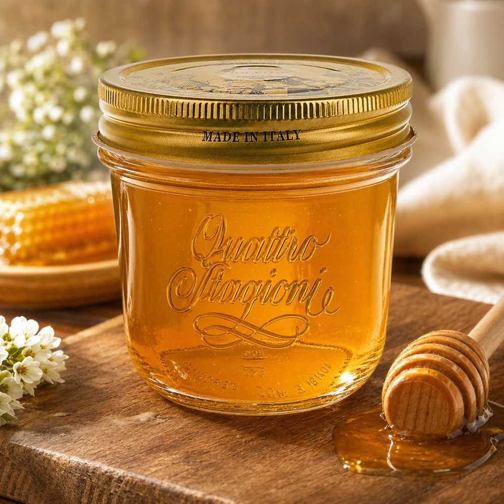 Bicchieri "Quattro Stagioni" da 200 ml con coperchio Bicchieri Quattro Stagioni da 200 ml con coperchio dorato riempiti di miele su un tavolo di legno con cucchiaio da miele e fiori