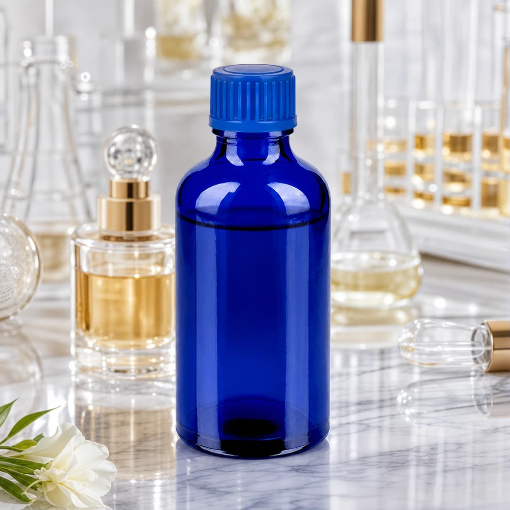 Bottiglia da 50ml 11mm SV blu STD BlueLine UT18/50 Elegante flacone in vetro blu da 50 ml - perfetto per cosmetici fai da te e tinture casalinghe
