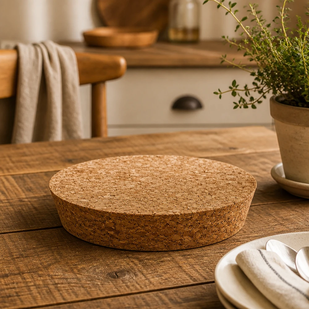 WECK RR100 dettaglio sughero su tavolo in legno con utensili da cucina e vaso per erbe aromatiche coperchio in sughero naturale altezza 20 mm