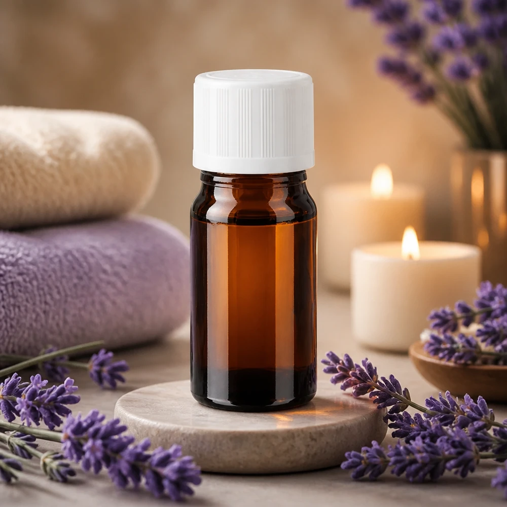 Flacone da farmacia marrone da 5 ml con tappo bianco KiSi su un sottobicchiere di pietra, tra fiori di lavanda