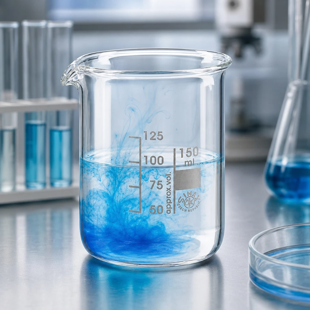 Bicchiere in vetro borosilicato resistente al calore da 150 ml con liquido blu dal moderno design da laboratorio