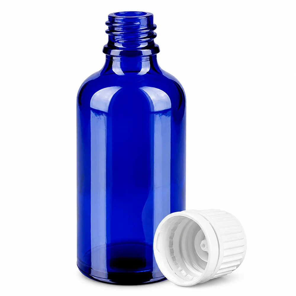 Bottiglia da 50ml 11mm SV bianco OV BlueLine UT18/50 Bottiglia compatta da 50 ml in vetro blu cobalto con chiusura antimanomissione per applicazioni di laboratorio