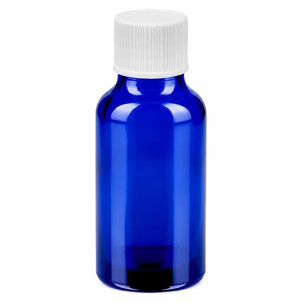 Bottiglia da 20ml 11mm SV bianco STD BlueLine UT18/20 Flacone in vetro blu di alta qualità con capacità di 20 ml, protezione UV e coperchio bianco.