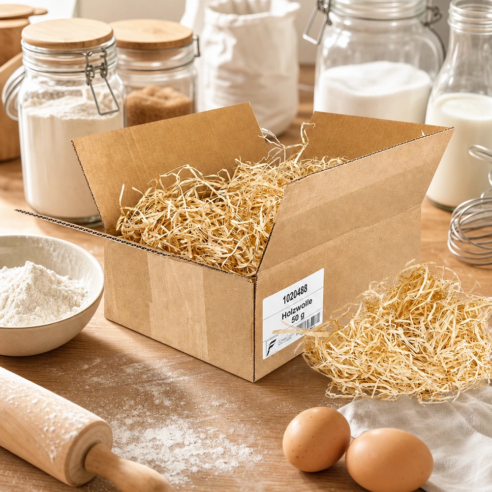 Lana di legno 50g fine come imballaggio protettivo in scatola di cartone tra ingredienti da forno farina uova e mattarello su tavolo di legno