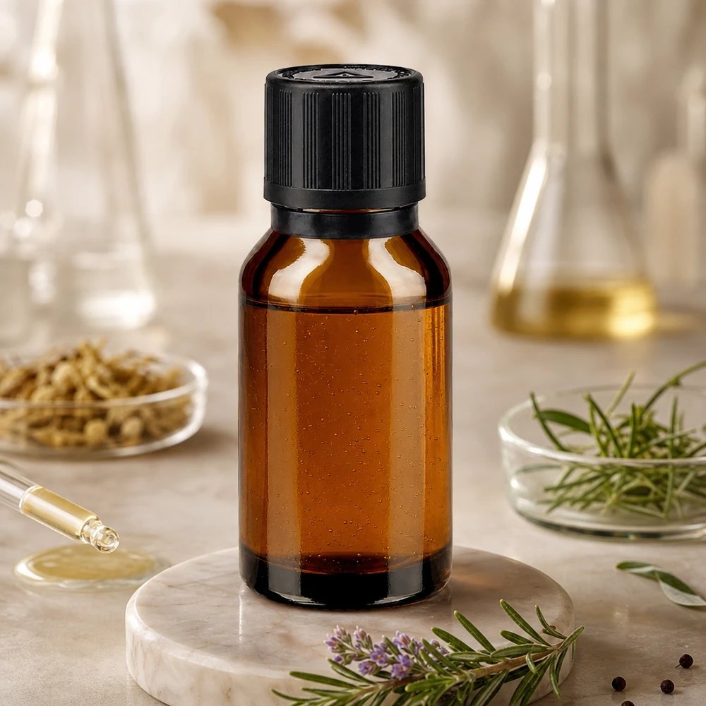 Flacone da farmacia da 15 ml color ambra con contagocce, circondato da rametti di rosmarino e vetreria da laboratorio