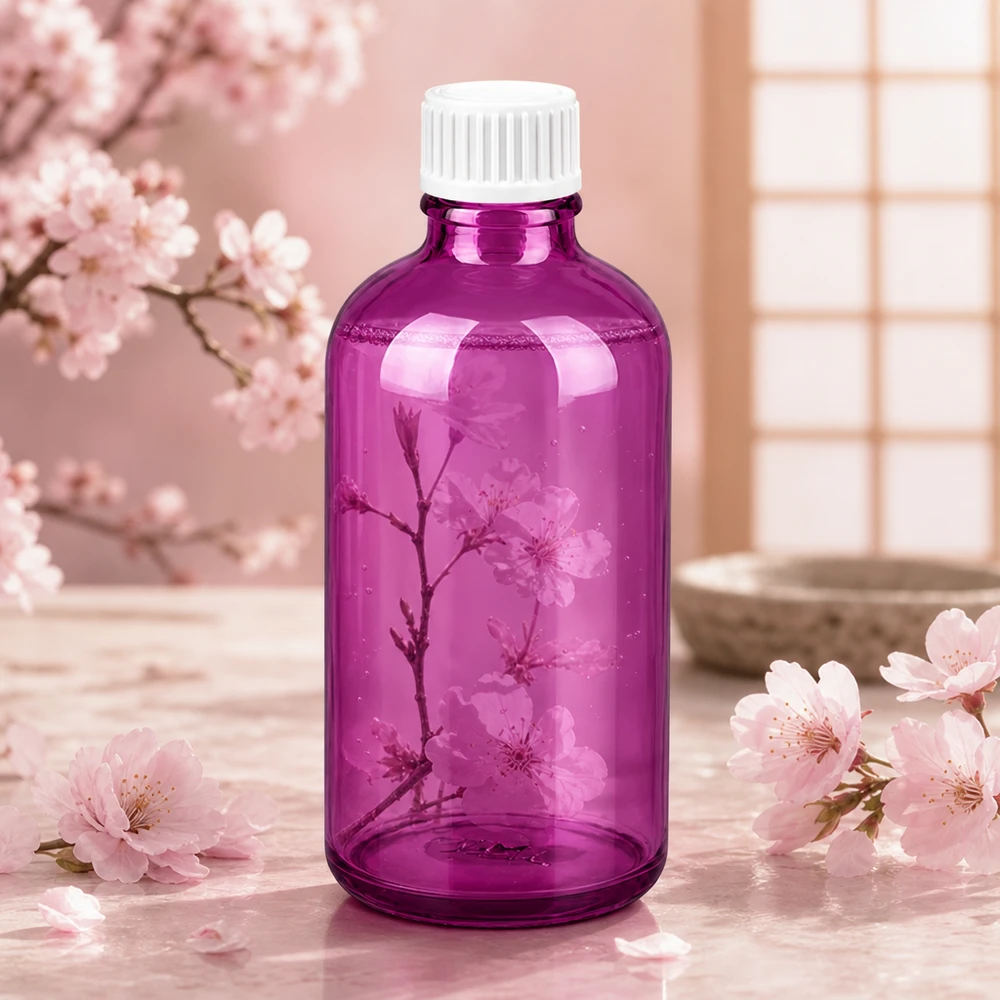 Flacone da 100 ml (globuli) con anello versatore da 3 mm bianco Standard PurpleLine. UT18/100 Bottiglia in vetro viola da 100 ml con filettatura UT18 stretta per conservare i liquidi in modo sicuro
