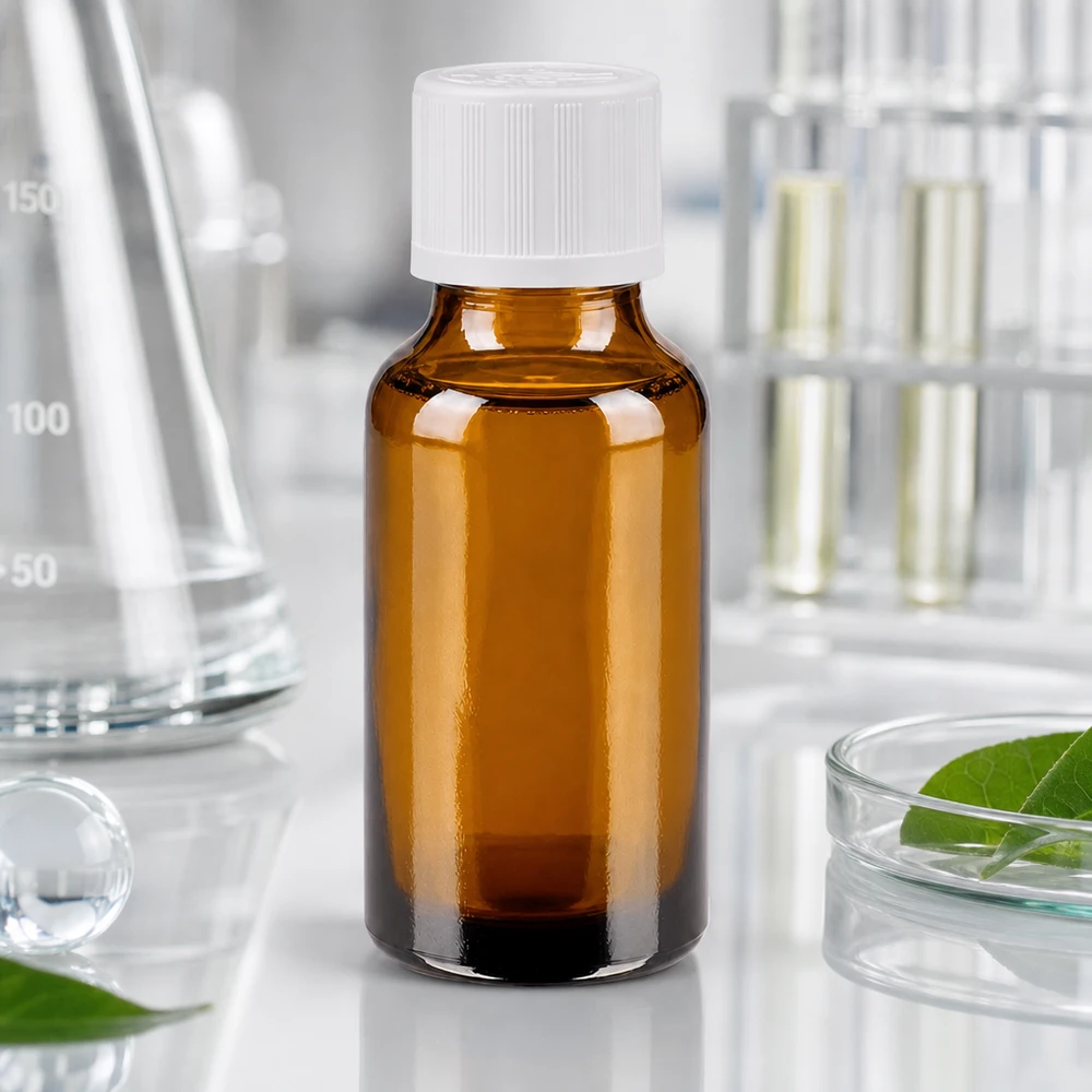 Flacone da farmacia da 20 ml in vetro ambrato con tappo di sicurezza bianco a prova di bambino, utilizzato in ambito di laboratorio