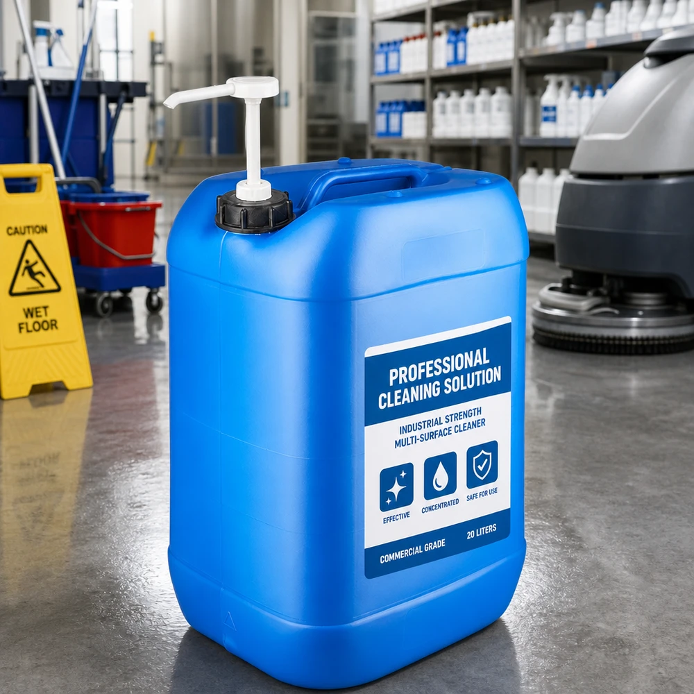 Tanica 25 litri blu con pompa dosatrice Tanica blu da 25 litri per detergenti con pompa dosatrice in un ambiente di pulizia professionale