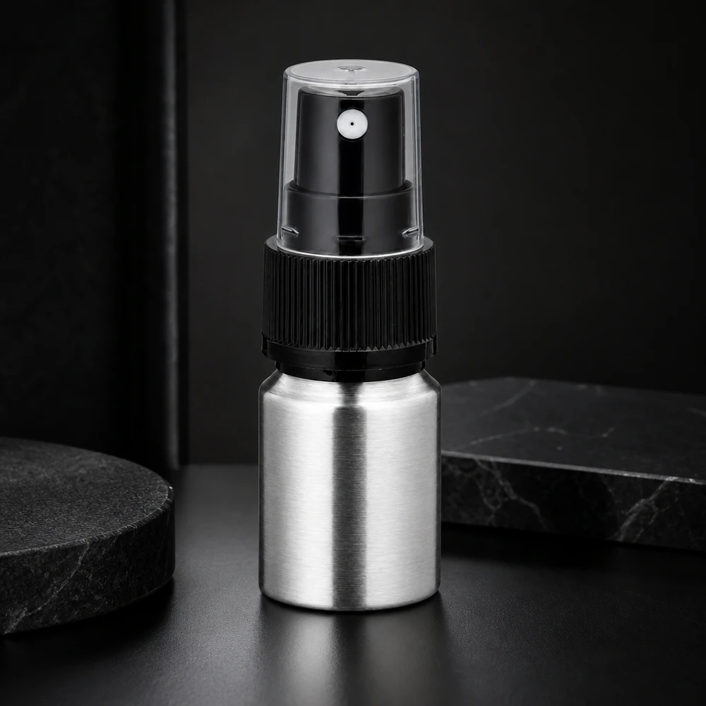 Flacone da 10 ml in alluminio lucido con atomizzatore Pratico flacone spray da 10 ml in alluminio - porzione perfetta per la routine cosmetica quotidiana