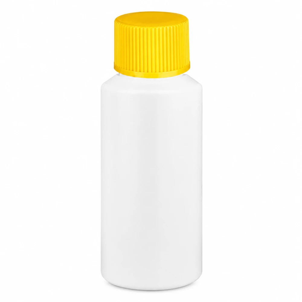 Flacone farmaceutico HDPE 30ml bianco, con tappo giallo SV Flacone da farmacia compatto in HDPE da 30 ml, bianco con tappo a vite giallo, adatto al contatto con gli alimenti