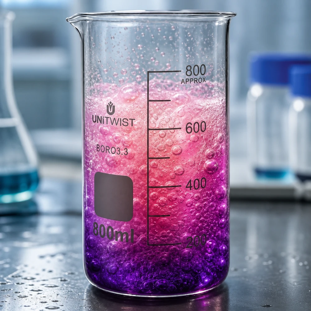 Bicchiere da laboratorio UNITWIST da 800 ml, modello alto, in borosilicato, con liquido rosa-viola e bolle, in laboratorio