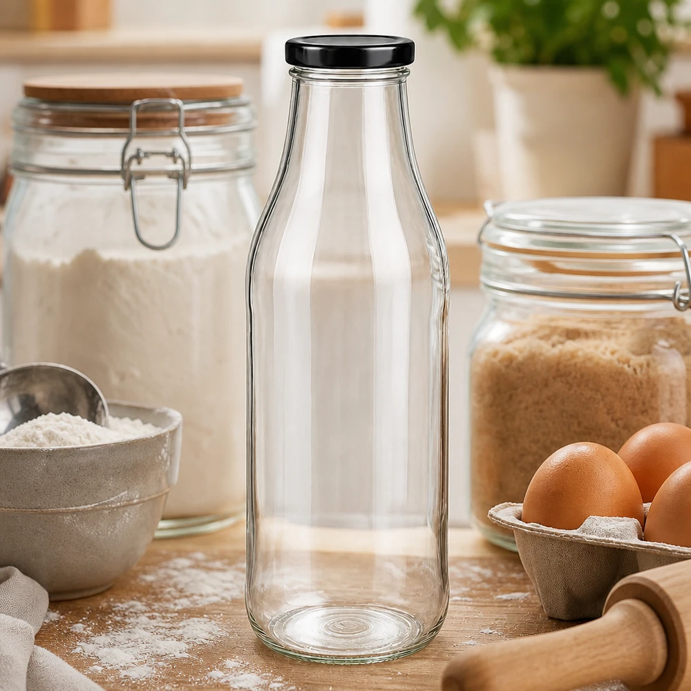 Bottiglia di vetro da 1000 ml + coperchio BasicSeal nero UN.. Bottiglia di vetro da 1000 ml vuota su tavolo di legno tra ingredienti da forno, uova e farina come attrezzatura da cucina