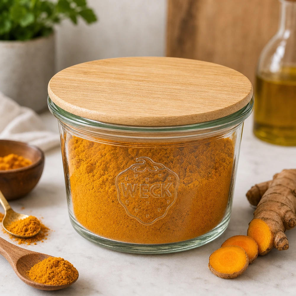 WECK mini barattolo di vetro da 35 ml con coperchio in legno riempito di curcuma in polvere in cucina accanto a radici di curcuma e spezie fresche