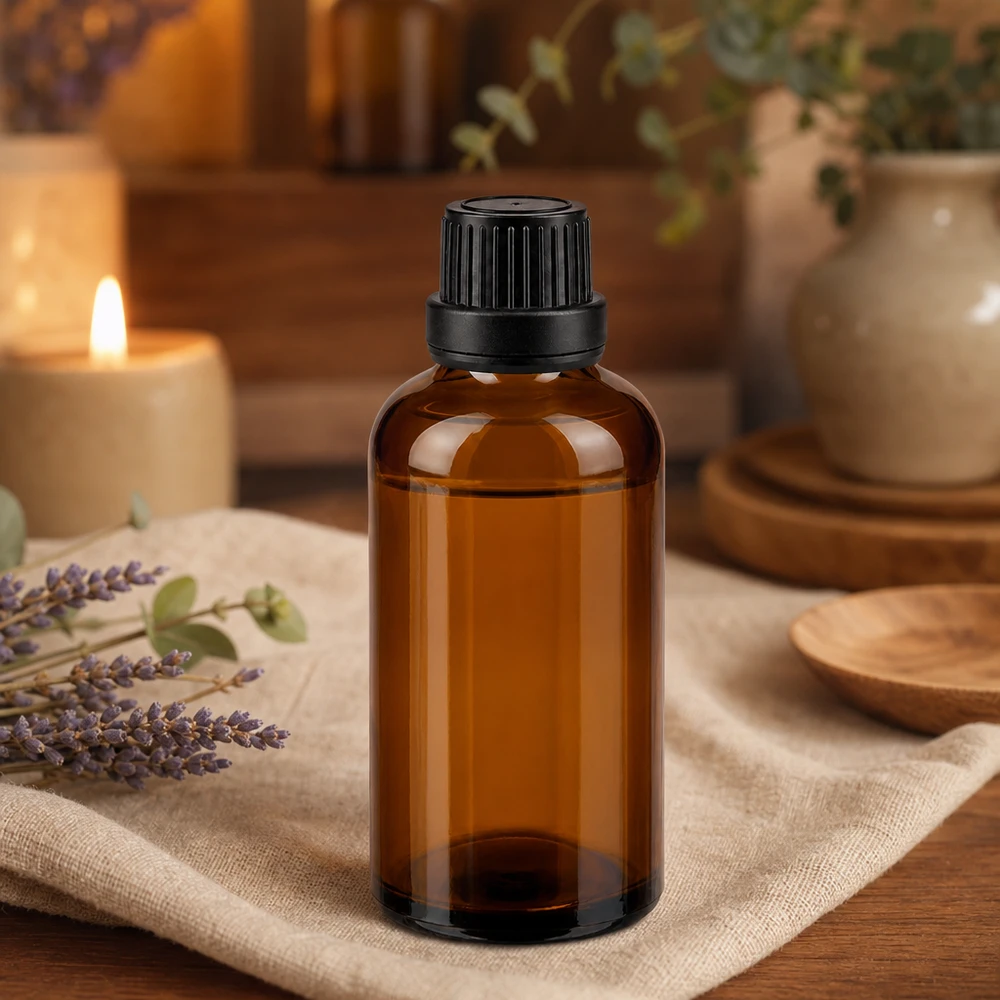 Bottiglia da farmacia marrone da 50ml. SV OV nero/11mm ApoGlas Flacone in vetro ambrato da 50 ml con tappo a vite nero a prova di bambino, per aromaterapia e benessere
