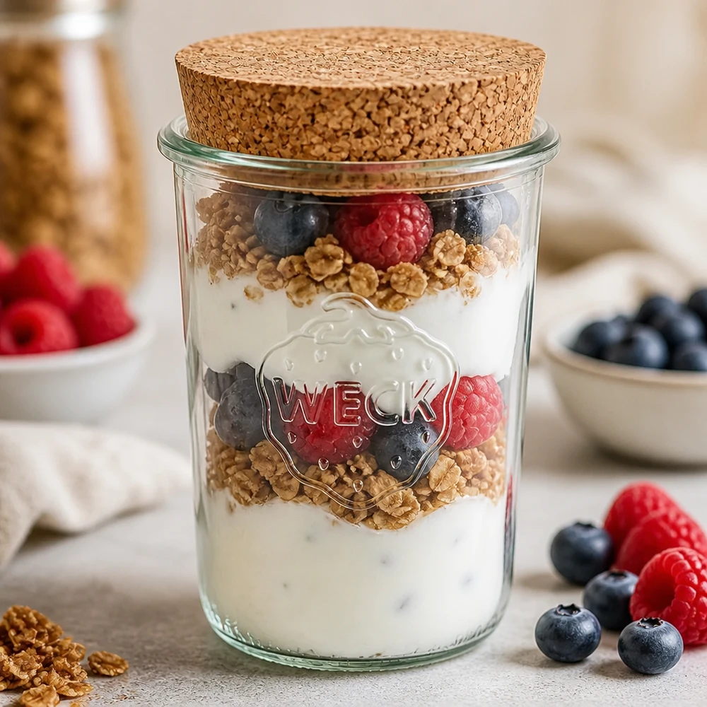 Bicchieri da 850 ml WECK RR100 con tappo in sughero naturale WECK tumbler 850ml RR100 con tappo in sughero come vasetto per parfait allo yogurt con granola ai frutti di bosco e dessert a strati allo yogurt naturale