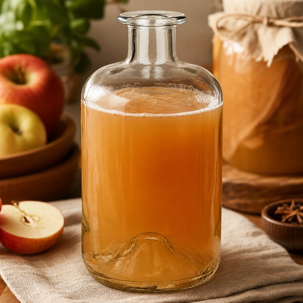 Bottiglia da farmacia Luna 500ml riempita di succo di mela accanto a mele fresche e spezie come decorazione naturale della cucina