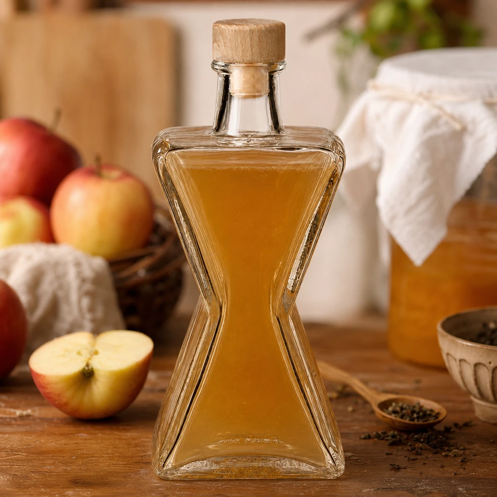 Bottiglia in vetro da 200 ml Star riempita di liquore alle mele - tappo in legno UNiTWIST presentato con mele fresche in una scena di cucina