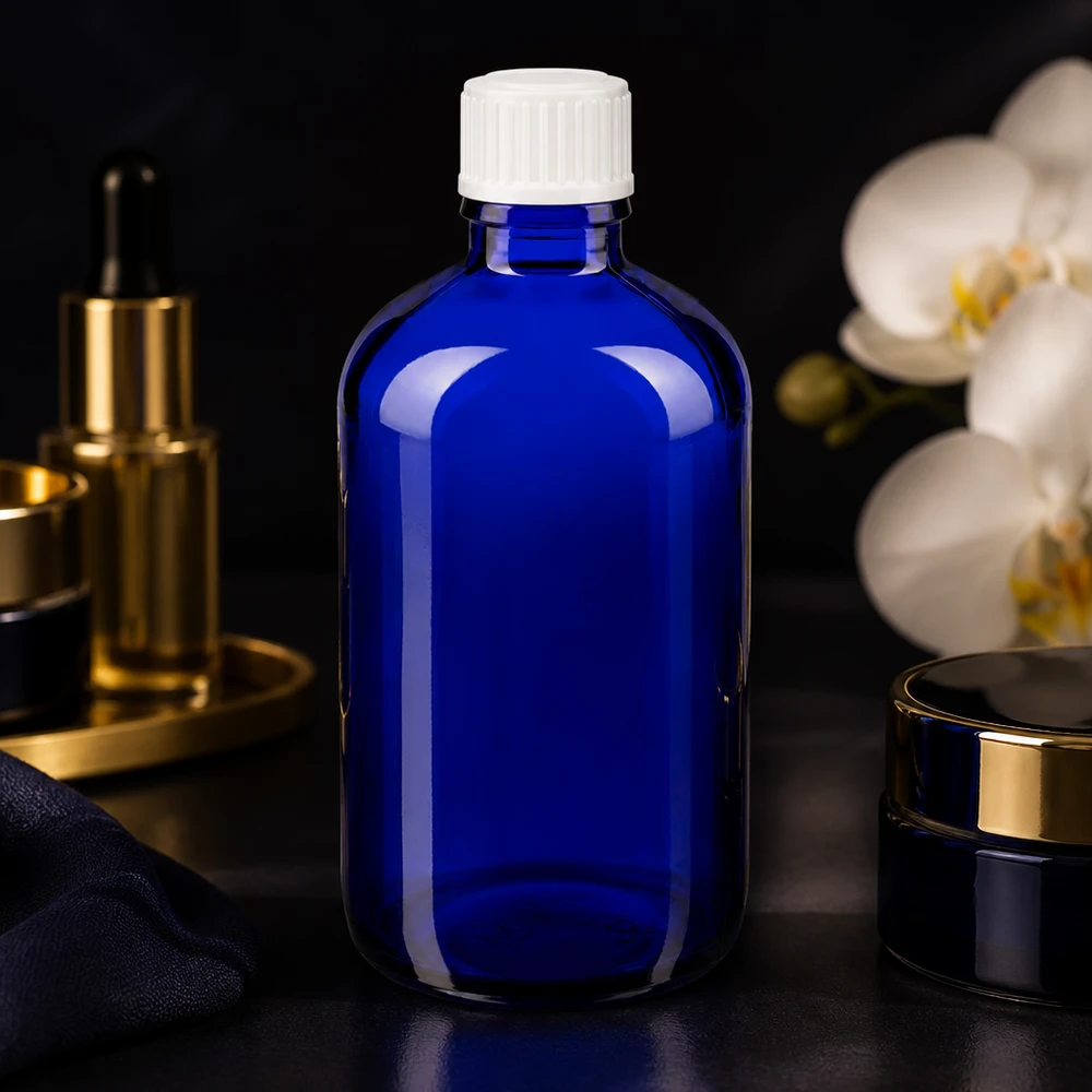 Flacone in vetro blu da 100 ml con tappo di sicurezza per bambini bianco, per il settore farmaceutico e cosmetico