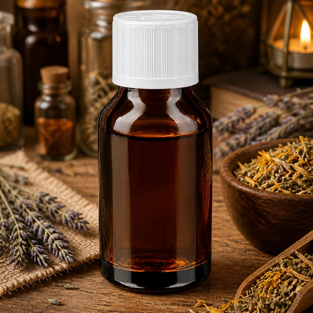 Piccolo flacone da farmacia marrone da 30 ml con tappo a vite bianco, circondato da erbe essiccate