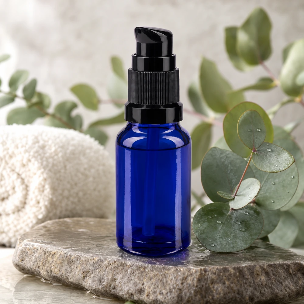 Flacone blu con dosatore da 10 ml ApoGlas su una base di pietra naturale con eucalipto in un ambiente da spa