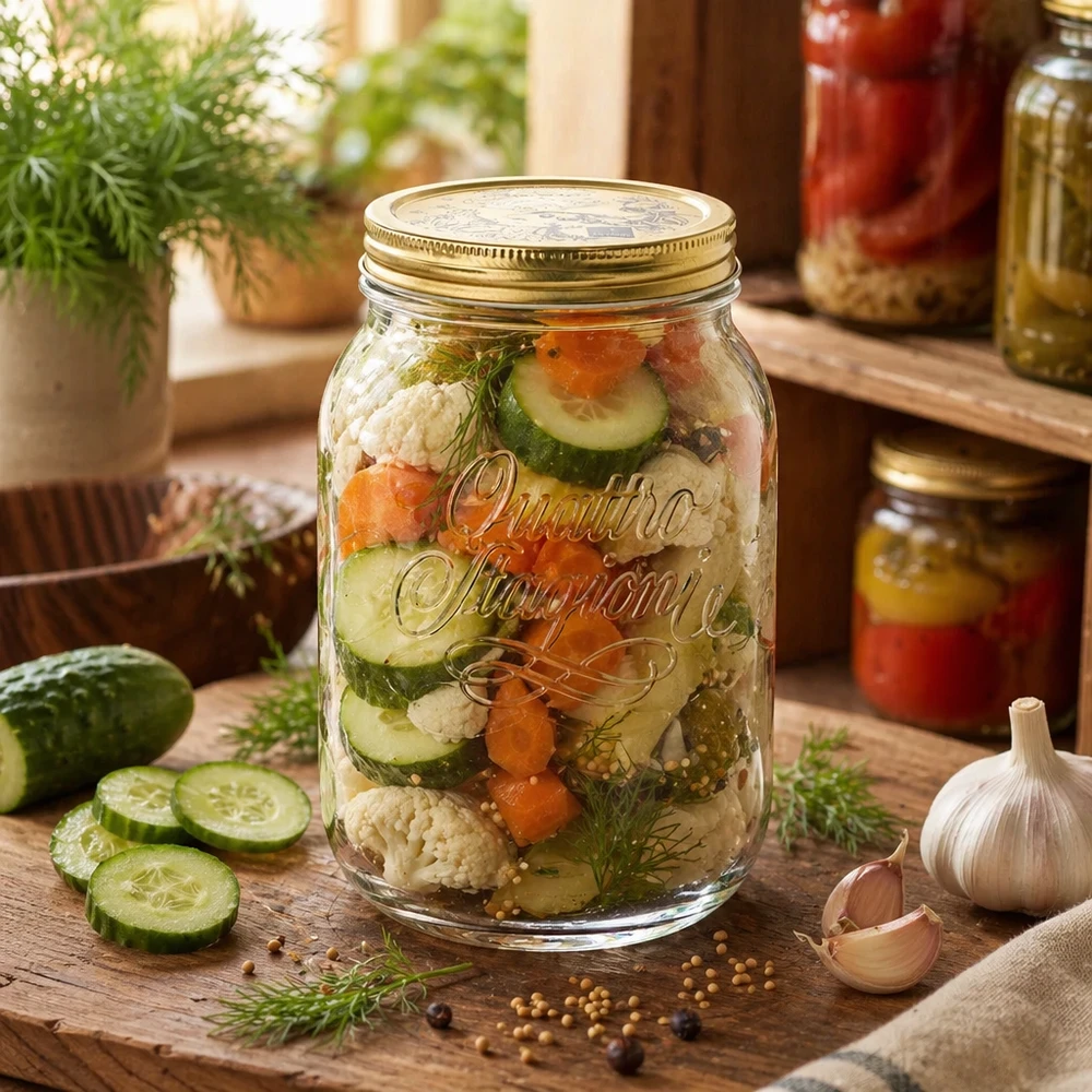 Quattro Stagioni vaso da 2 litri con verdure sottaceto e aneto - conservazione tradizionale con cetriolini e cavolfiore