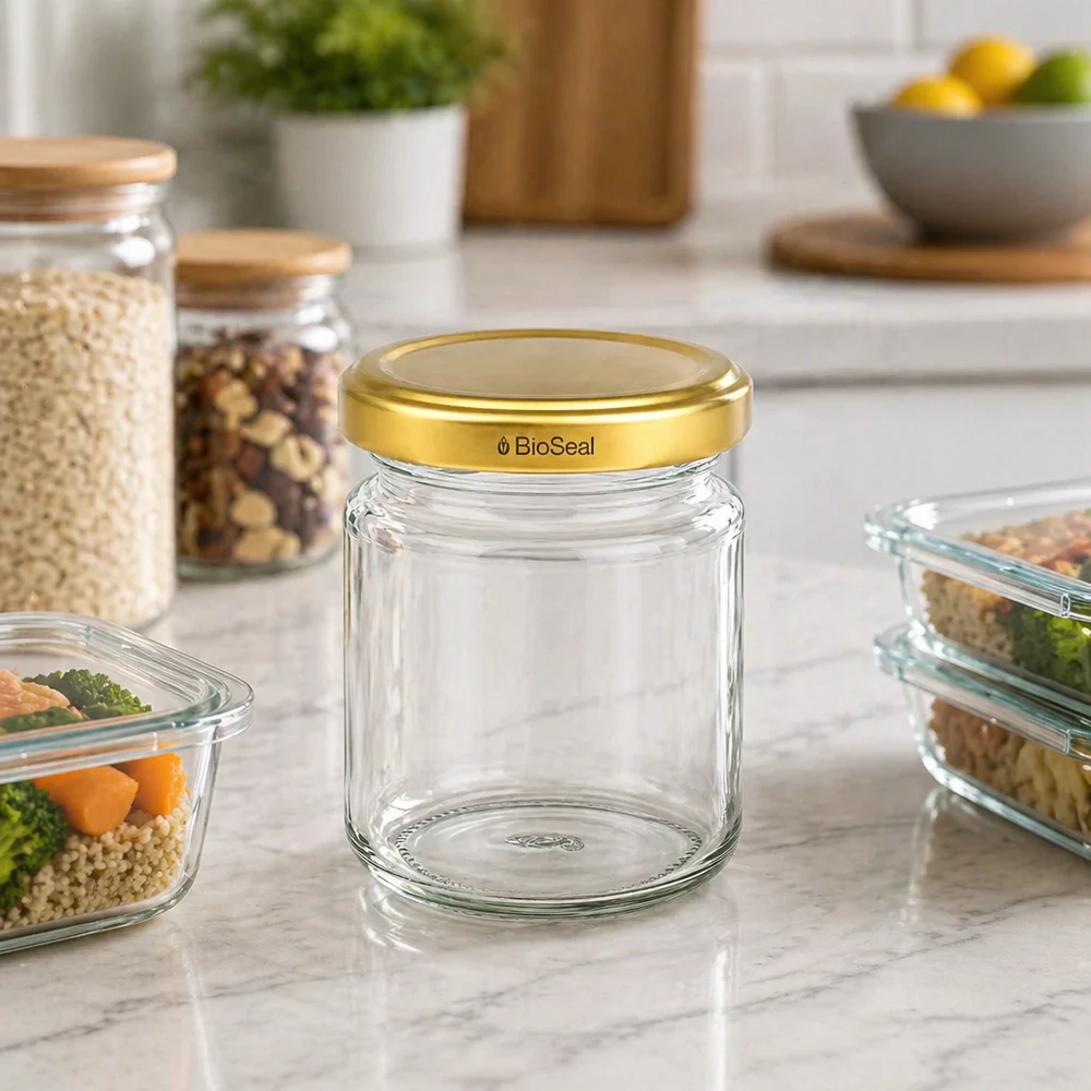 UNiTWIST Runda53 con coperchio dorato TO43 BioSeal Barattolo UNiTWIST Runda53 con coperchio TO43 BioSeal dorato sul bancone di marmo tra i contenitori della cucina