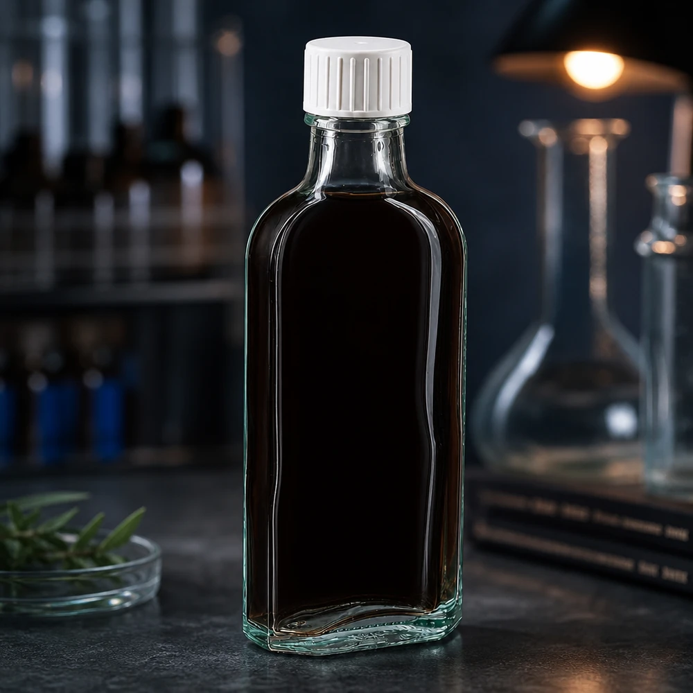 100 ml Meplat tappo a vite trasparente con anello versatore Flacone di vetro Meplat da 100 ml con contenuto scuro e tappo a vite bianco su sfondo scuro