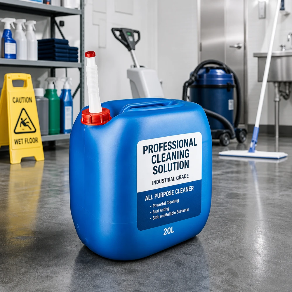 Tanica 30 litri blu con tubo di uscita Flex Contenitore blu per detergente da 30 litri con tubo di scarico su pavimento in cemento, accanto a un mocio e a un aspirapolvere per liquidi