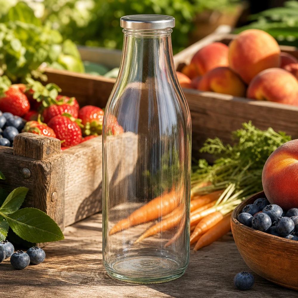 Bottiglia in vetro da 1000ml BasicSeal argento tra frutta e verdura fresca su tavolo di legno atmosfera naturale da bancarella