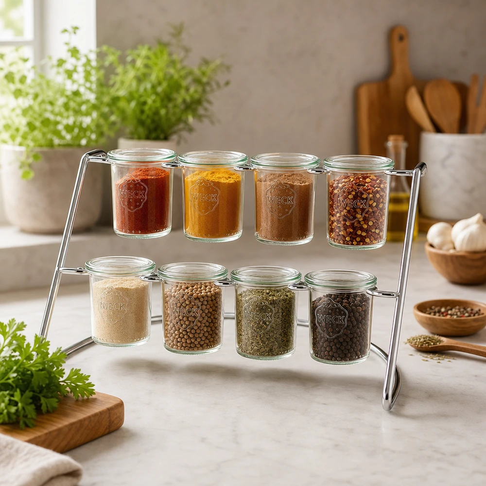 Portabicchieri Flato8 per 8 bicchieri WECK Flato8 portavivande con spezie ed erbe aromatiche in barattoli WECK come portaspezie in una cucina moderna con vasi di erbe aromatiche