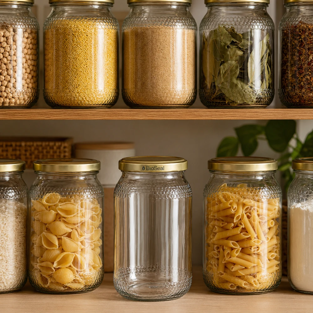 Vasetto per miele da 1260 g con capsula dorata BioSeal UNiTWIST Barattolo per miele da 900 ml con coperchio BioSeal oro in dispensa organizzato tra pasta spezie cereali dispensa