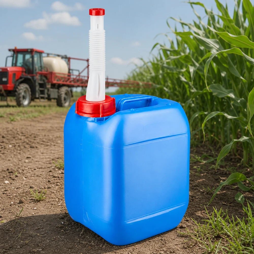Tanica 5 litri blu con tubo di uscita Flex Contenitore Agrarkanister da 5 litri, blu, con beccuccio flessibile e coperchio rosso, davanti a un campo di mais e a un trattore
