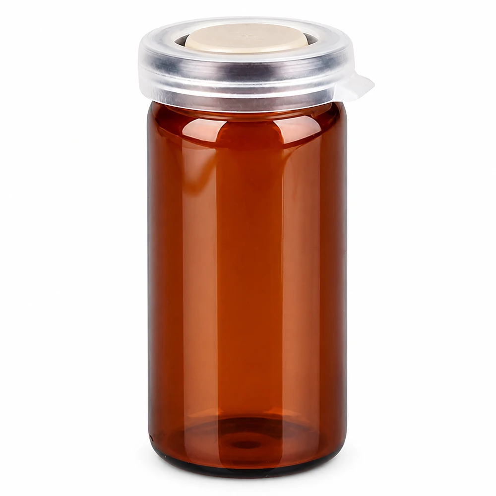 Viallo con bordo arrotolato da 10 ml con tappo a scatto per compresse e capsule