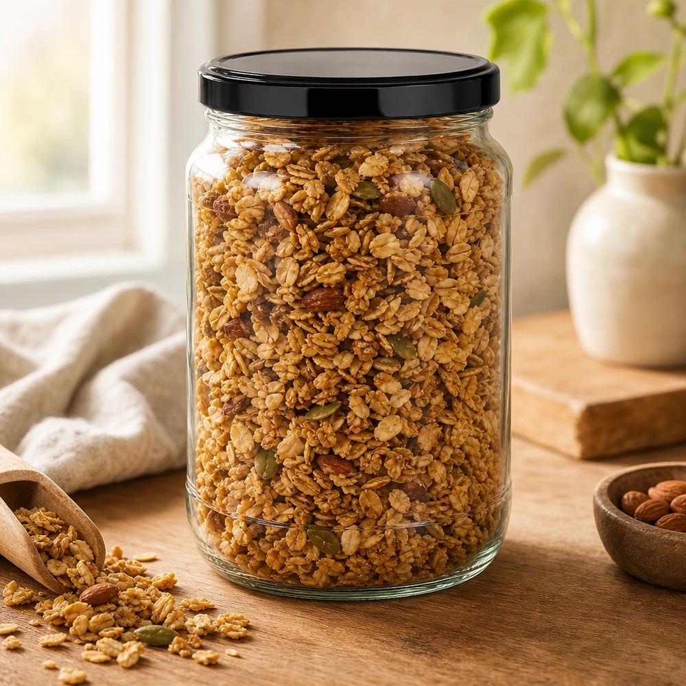 Barattolo rotondo da 1700 ml con coperchio BasicSeal nero UNiTWIST. Muesli di granola in barattolo rotondo da 1700 ml nero BasicSeal Coperchio di legno Paletta per frutta secca conservazione cereali