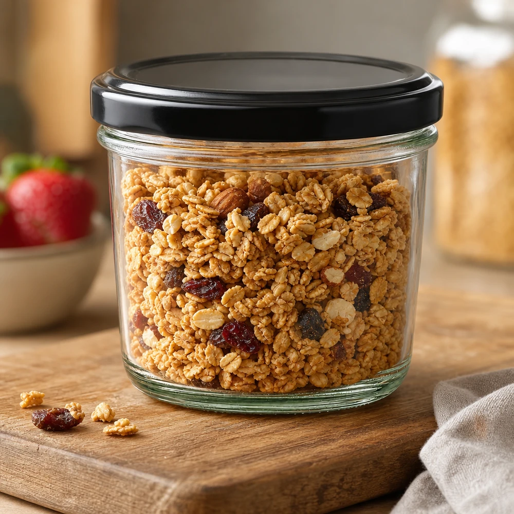 Bicchieri da 230 ml con coperchio BasicSeal nero UNiTWIST. Un vaso da 230 ml riempito di muesli e frutta secca mostra un uso versatile per la conservazione degli alimenti