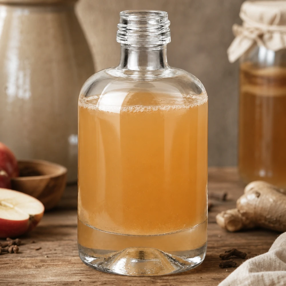 Bottiglia in vetro da 40 ml Sara con contenuto ambrato in un ambiente rustico con spezie e frutta senza tappo