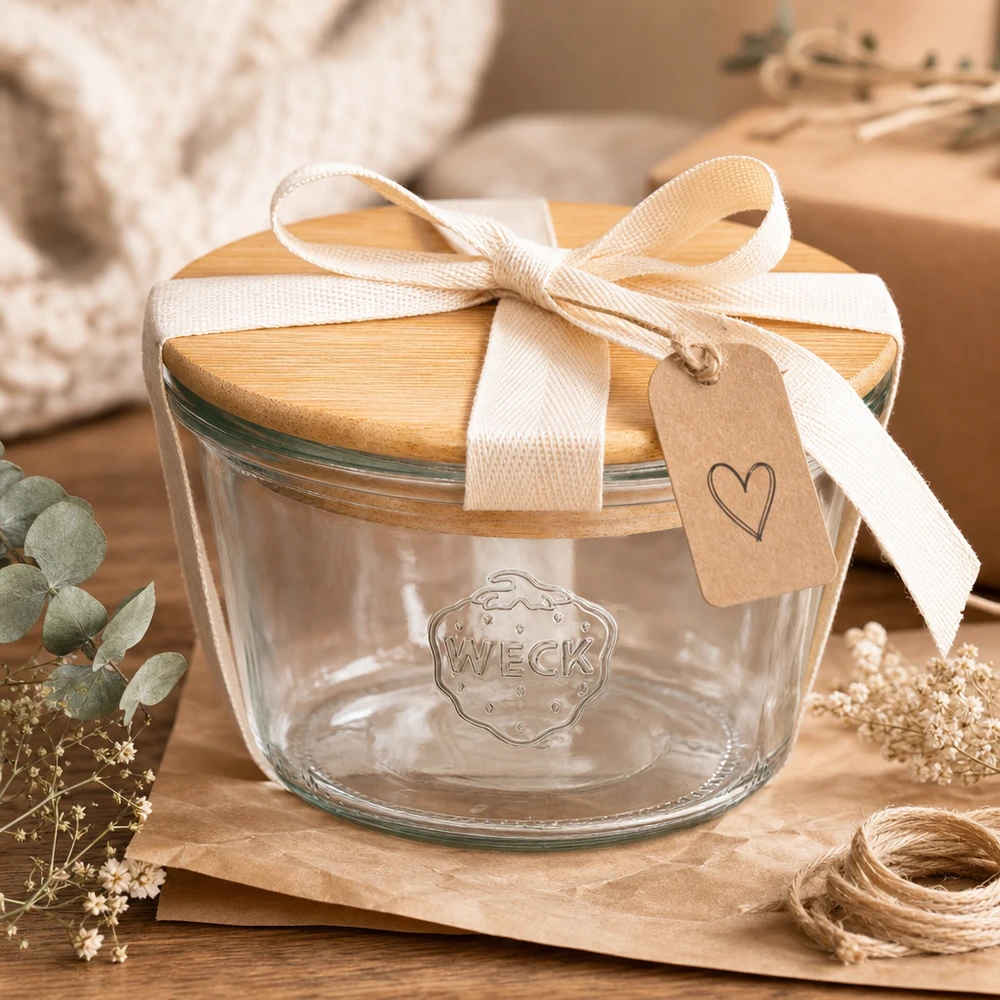 Bicchieri da 370 ml WECK RR100 con coperchio in legno Bicchieri WECK RR100 con coperchio in legno confezionati con un fiocco color crema e un ciondolo a cuore