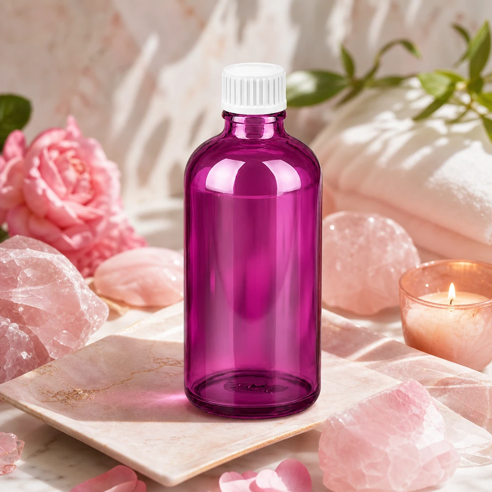 Flacone da 100 ml (globuli) con anello versatore da 3 mm bianco Standard PurpleLine. UT18/100 Flacone da farmacia viola da 100 ml in vetro robusto per applicazioni professionali