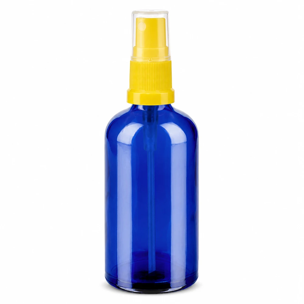 Flacone spray da 100 ml giallo/trasparente STD BlueLine UT18/100 Flacone in vetro blu da 100 ml con testina gialla per cosmetici e aromaterapia