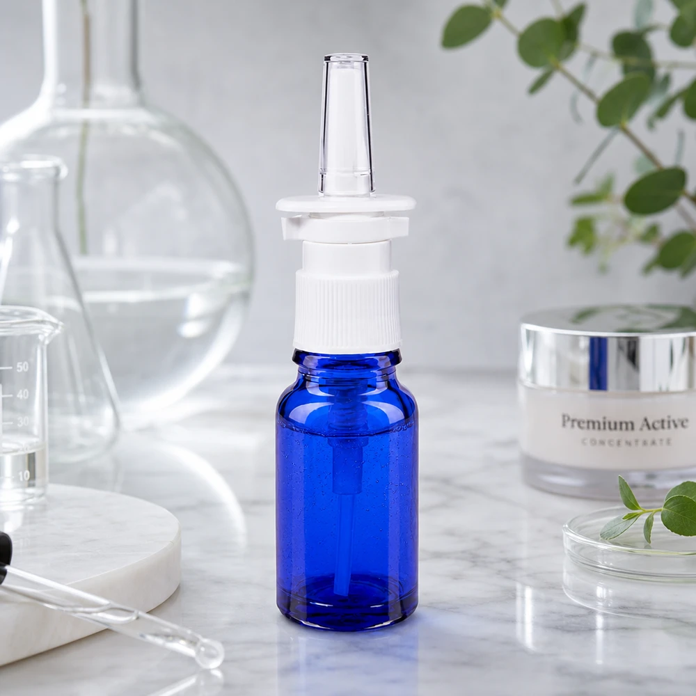 Flacone compatto da 10 ml per spray nasale, di colore blu con tappo a pompa bianco su fondo marmorizzato