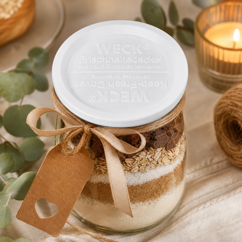 WECK/REX Coperchio salvafreschezza RR120 WECK keep-fresh coperchio RR120 su barattolo per ingredienti da forno con fiocchi d'avena al cioccolato decorazione fiocco beige cucina
