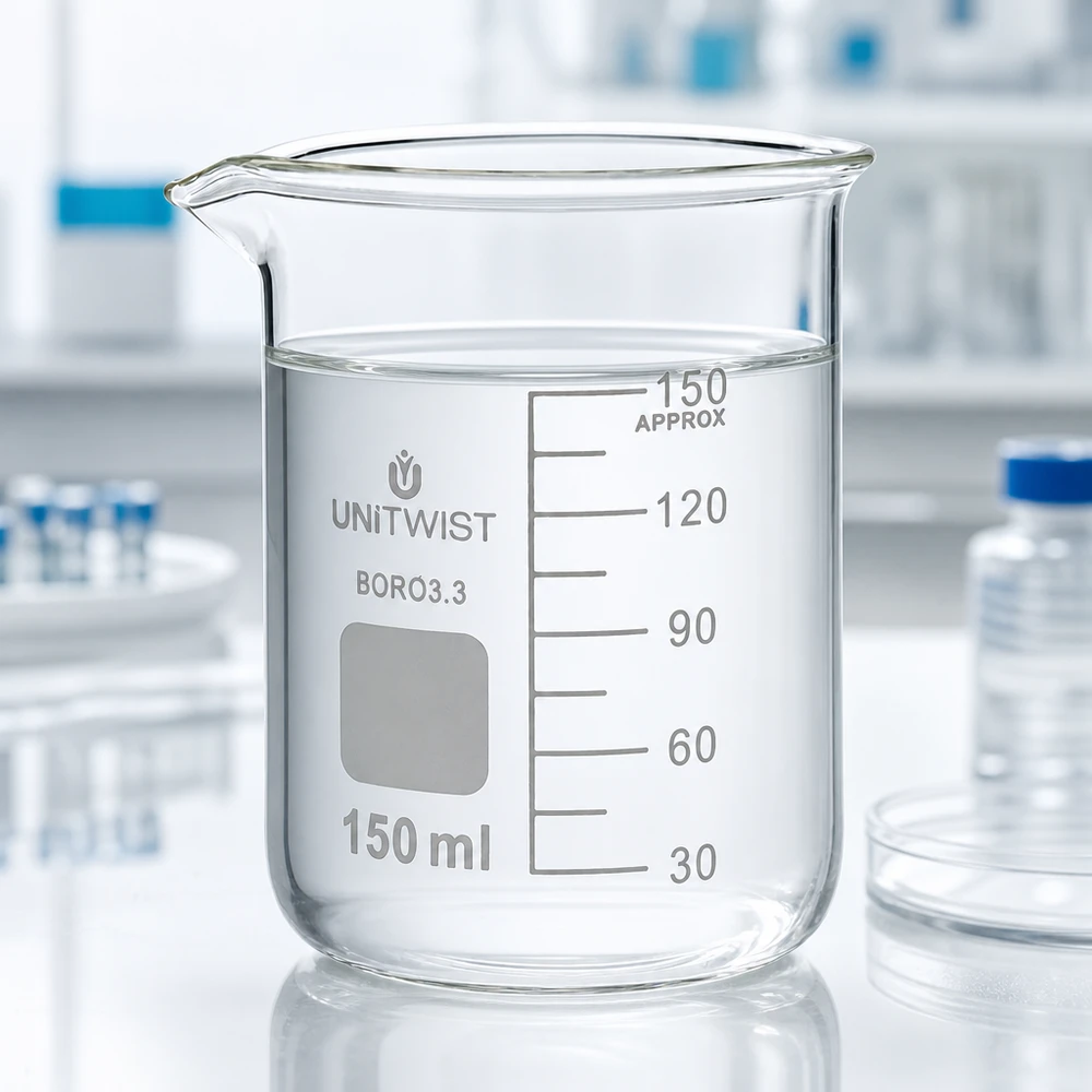 Bicchiere UNiTwist da 150 ml in borosilicato 3.3, di forma bassa, riempito con acqua limpida in laboratorio