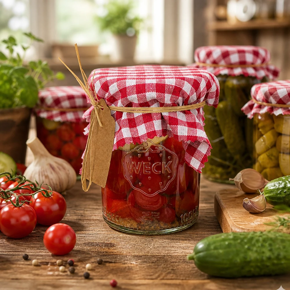 Vaso per conserve con coperchio decorativo bordeaux 12 cm tra pomodori e cetrioli freschi in una cucina rustica