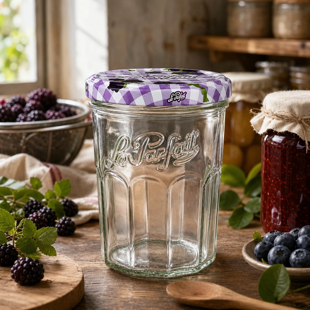 Bicchieri Le Parfait da 385 ml in una cucina rustica decorata con frutti di bosco freschi e marmellata fatta in casa