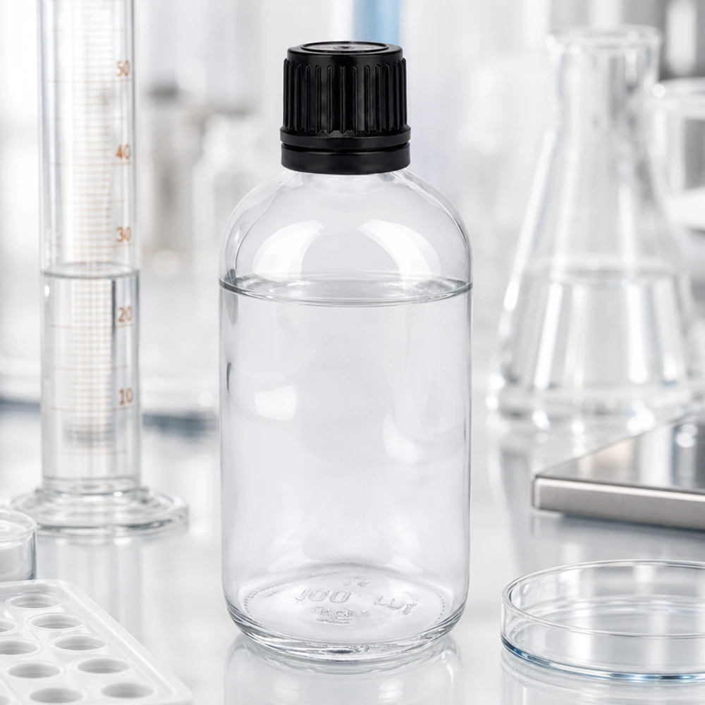 100ml (Globul)Flas. 8mm GR s. STD ClearL. UT18/100 Fiaschetta da laboratorio trasparente da 100 ml con flaconcino per globuli da 8 mm e tappo in plastica nera