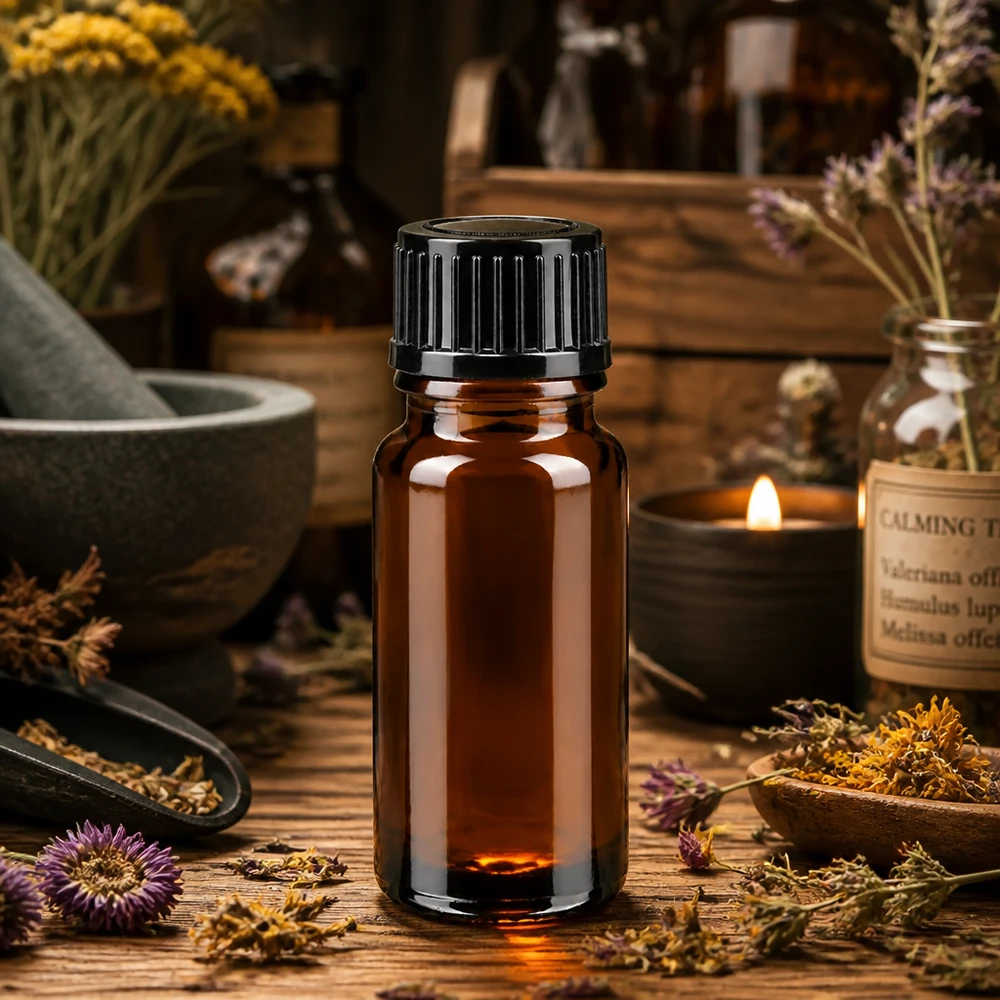 Flacone di vetro da 10 ml color ambra con tappo di sicurezza nero a prova di bambino, appoggiato su un tavolo rustico in legno