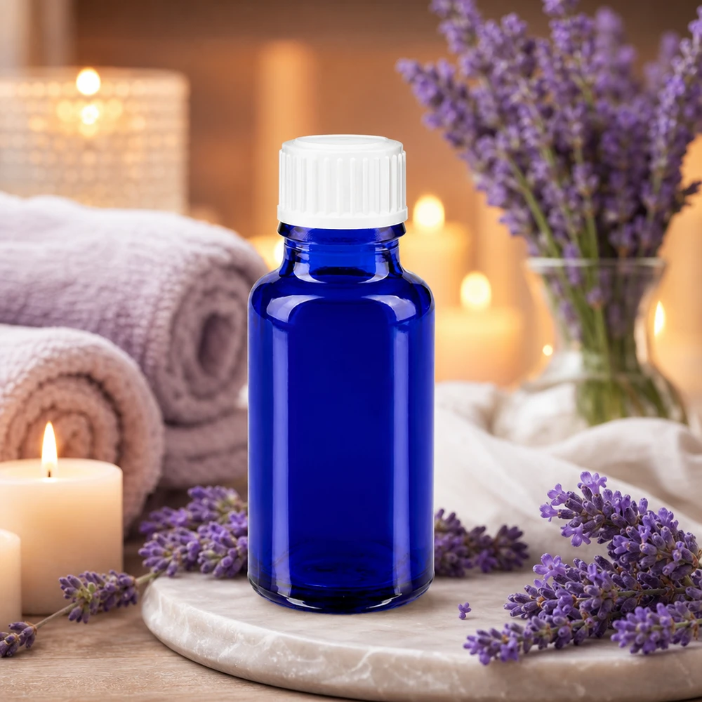 20ml blu apofl. SV STD bianco/11mm ApoGlas Flacone di vetro blu da 20 ml con tappo di sicurezza per bambini bianco per oli essenziali